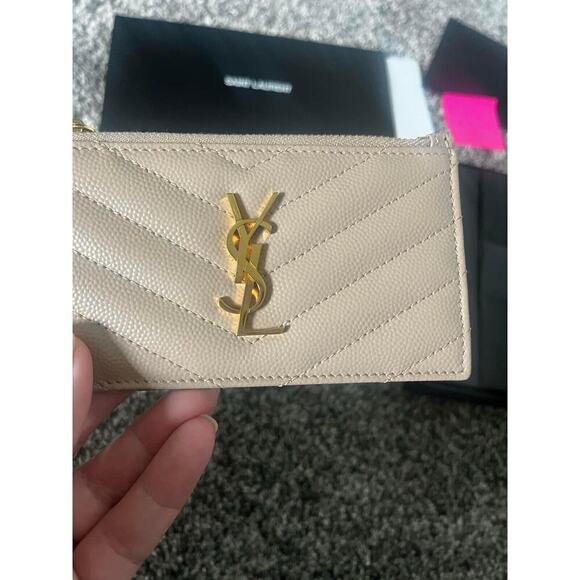 YSL Yves Saint Laurent Cassandre Matelasse Fragments Zipped Card Case Dark Beige - Picture 6 of 14